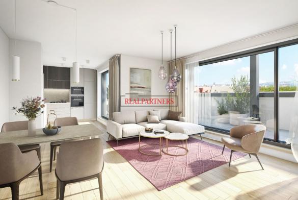 Novostavba bytu 3+kk o ploše 92,4 m² + 16,4 m² terasa ve výstavbě u Roztylského náměstí.